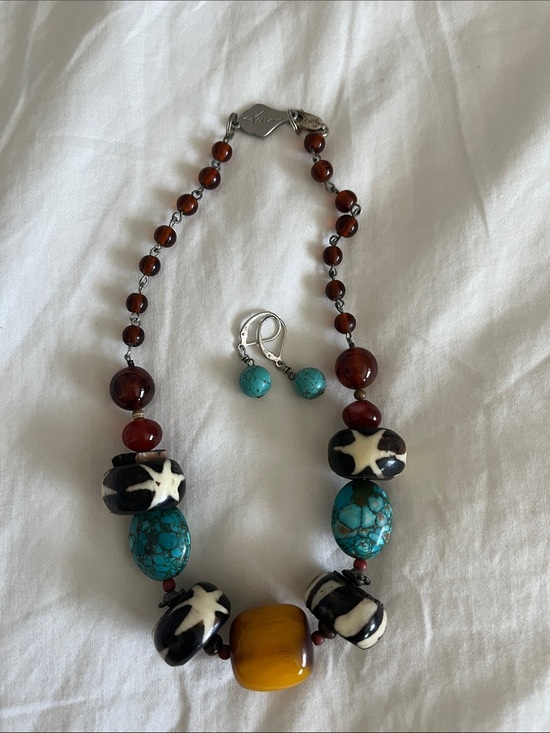 Keren Creations Jewelry - Boho Turquoise & Amber Statement Necklace with Star Beads made by Keren